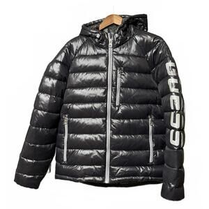 GUESS Men's Holographic Hooded Puffer Jacket Black GRAPHITE Shine glossy XL